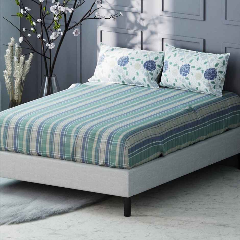 Kopa Bamboo Micro King Bedsheet With 2 Pillow Covers | Set of 3 | Fairmont Checks | Green, Blue