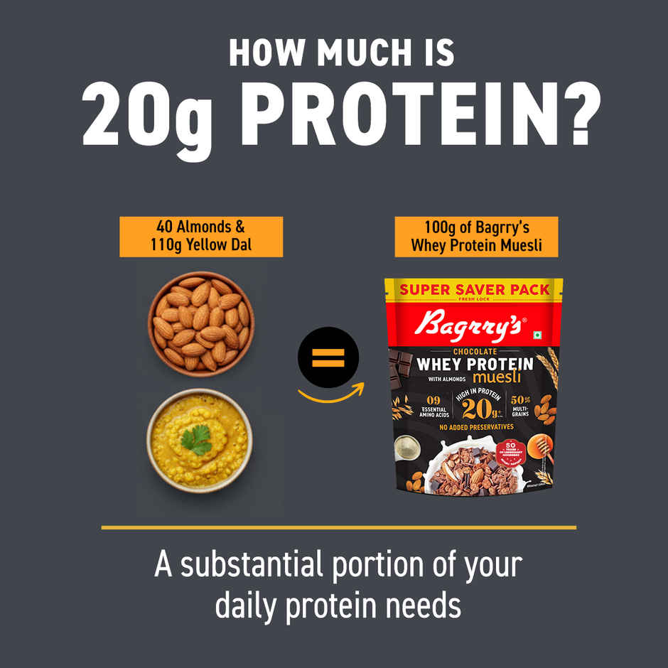 Bagrry's Whey Protein Muesli Protein Per Serve Chocolate Flavour Whole Oats & Californian Almonds
