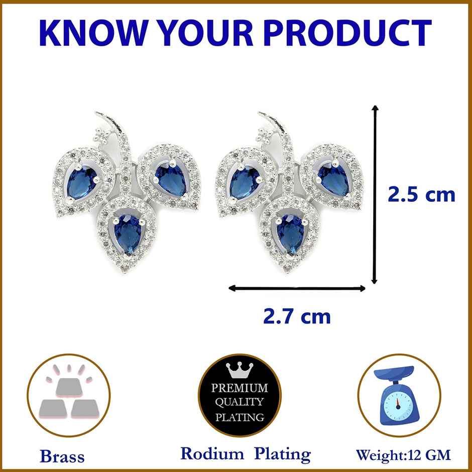 Zeneme Leaf Shaped Rhodium Plated American Diamond Stud Earring For Women & Girls