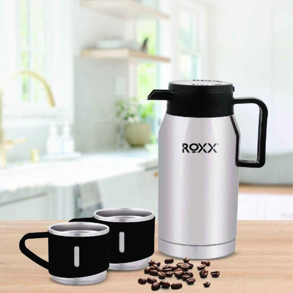 Roxx Aroma Insulated Set | 500 ml Flask + 2 Mugs | Double-Wall Insulation | BPA-Free | Black