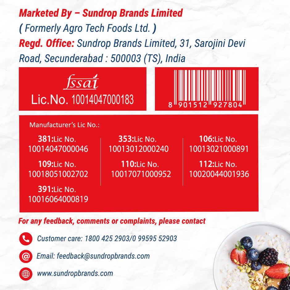 Sundrop Heart Instant Rolled Oats with 12.2% Protein, 10.8% Dietary Fibre | No Added Preservatives