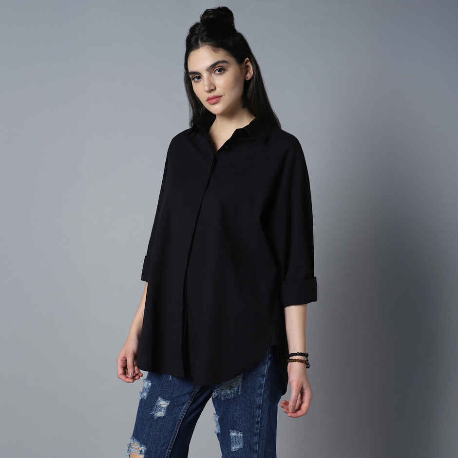 High Star Women's Oversized Spread Collar Long Sleeve Cotton Longline Casual Shirt | Black - XL