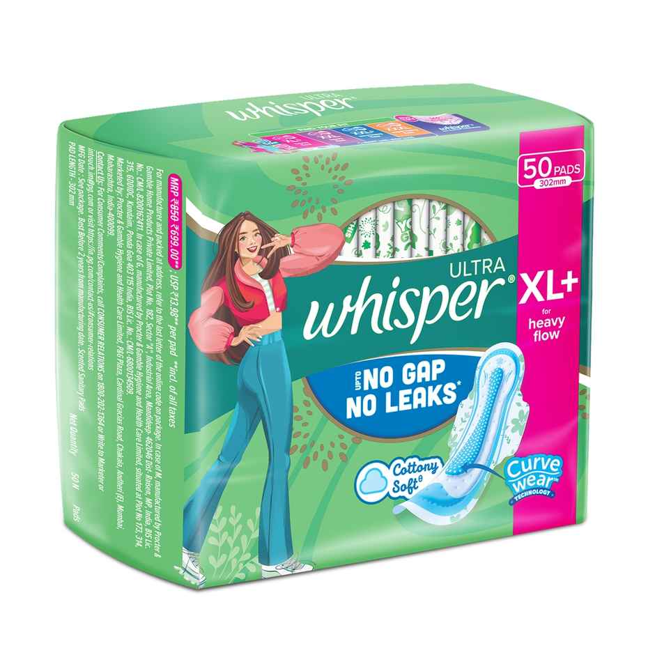 Whisper Ultra Upto No Gap No Leaks Sanitary Pads,  50 XL+ Pads  (Based on P&G Technical Data)