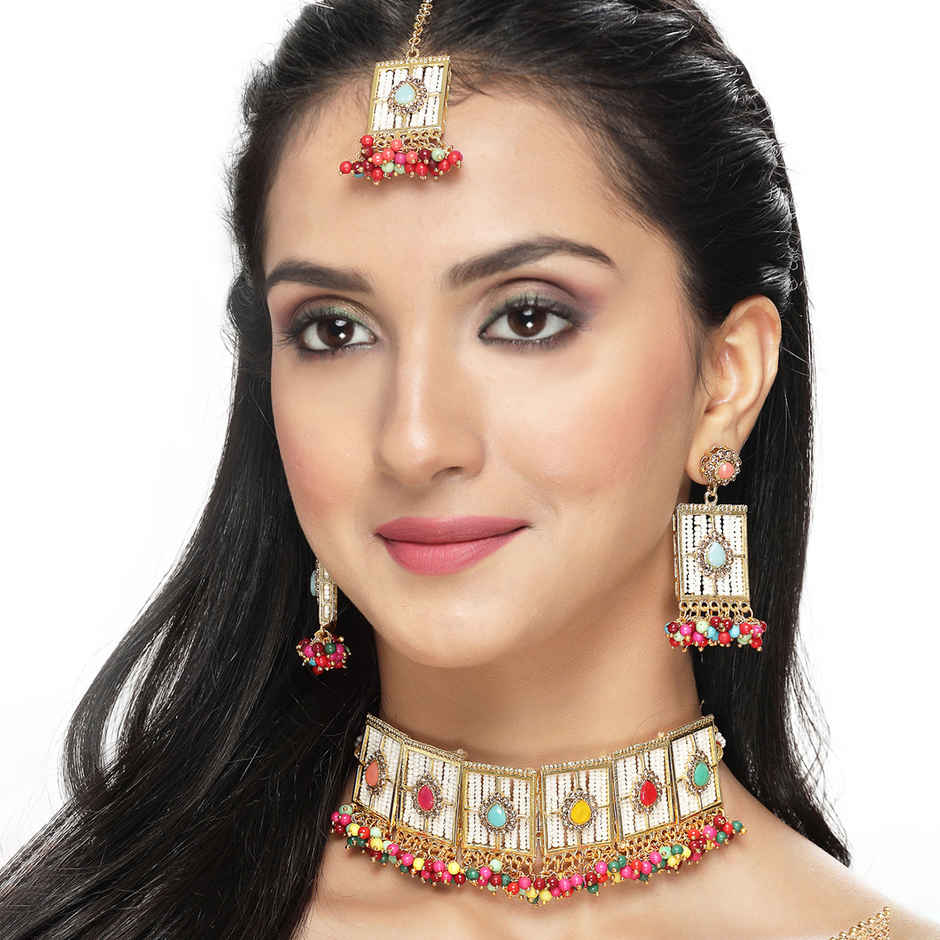 Sukkhi Beautiful Gold Plated Multi Beads Studded Collar Necklace Set