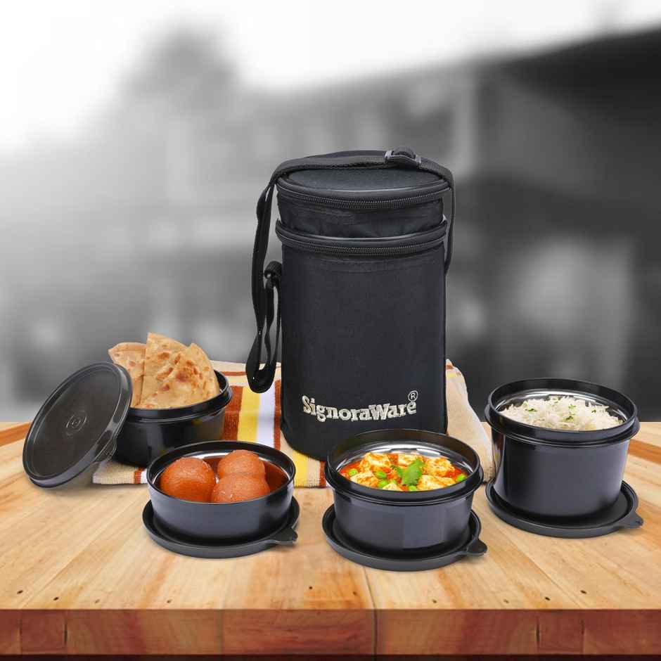 Signoraware Monarch Executive Big Microsafe Steel Lunch Box Food Grade Stainless Steel Black