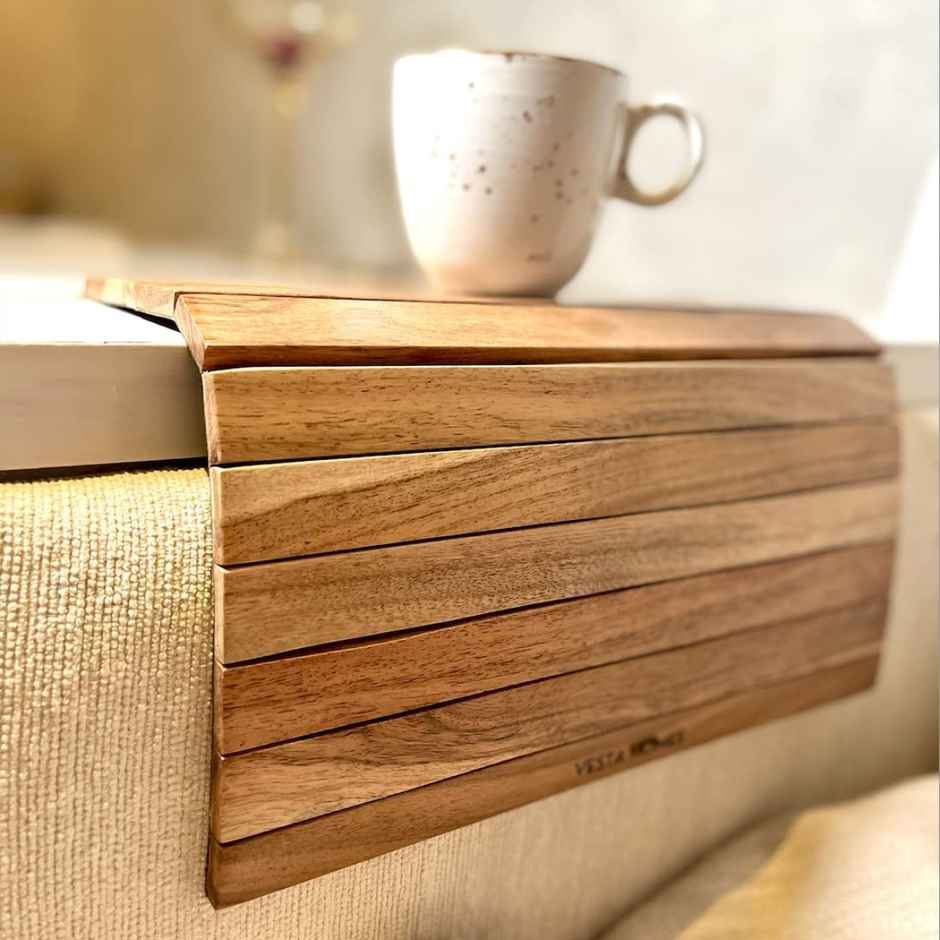 Vesta Homes Acacia Wood Sofa Armrest Tray|Tambour Tray| Foldable|Dining Table Mat|43 X 28 X 1.3 Cm