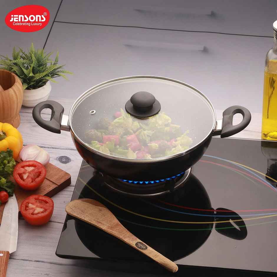 Jensons Cuisine Non-Stick Kadhai | 24 cm | Glass Lid | Induction Compatible