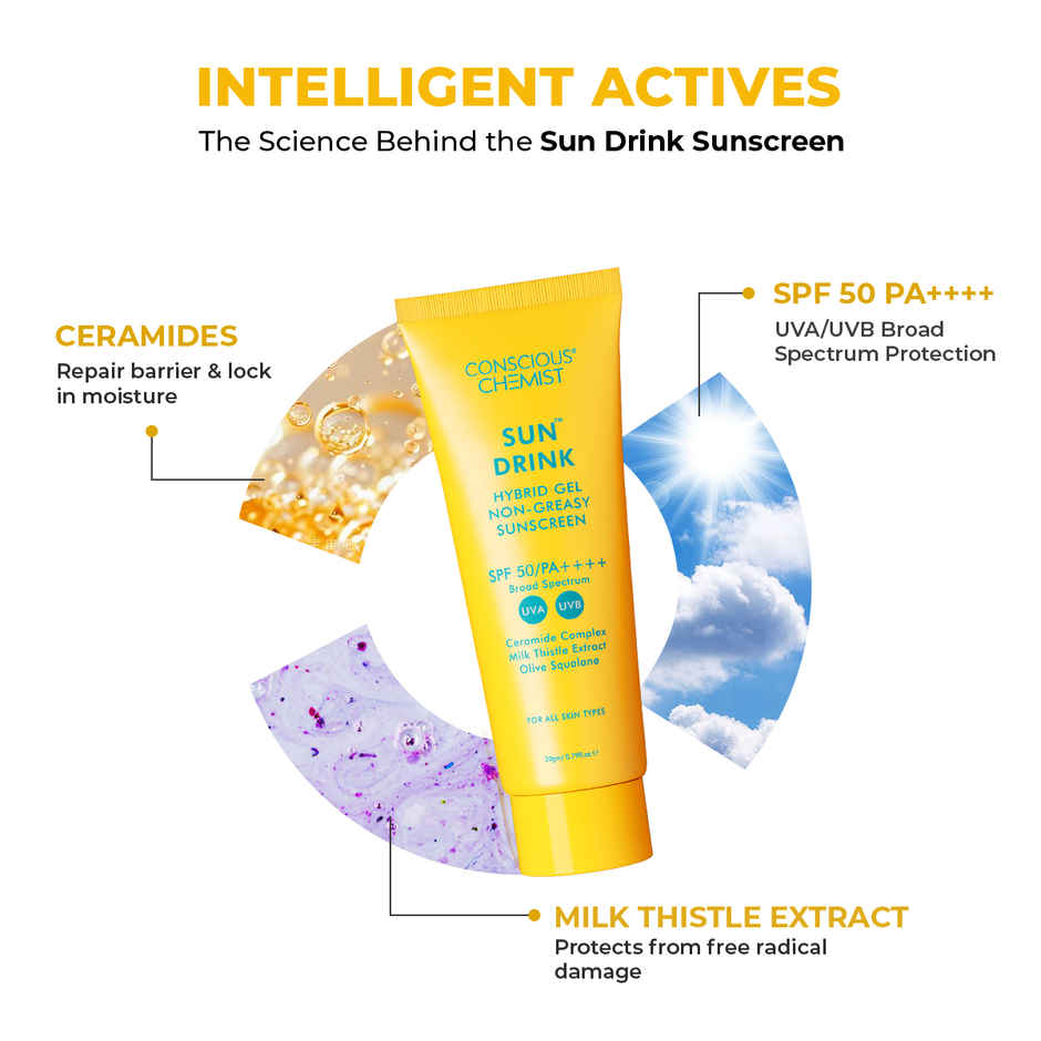 Conscious Chemist Sun Drink Hybrid Lightweight Gel Sunscreen SPF 50 PA++++ UVA/UVB With Ceramides