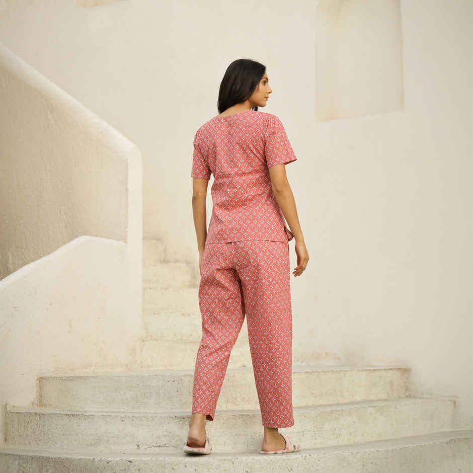 Sanskrutihomes Women's Printed Pure Cotton Night Suit | Pink - XL