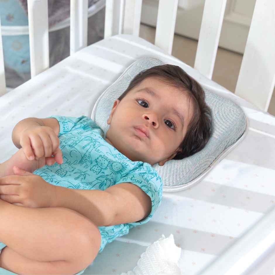 The White Willow Baby Head Shaping Pillow - Memory Foam - Flat Head Prevention - Misty Blue