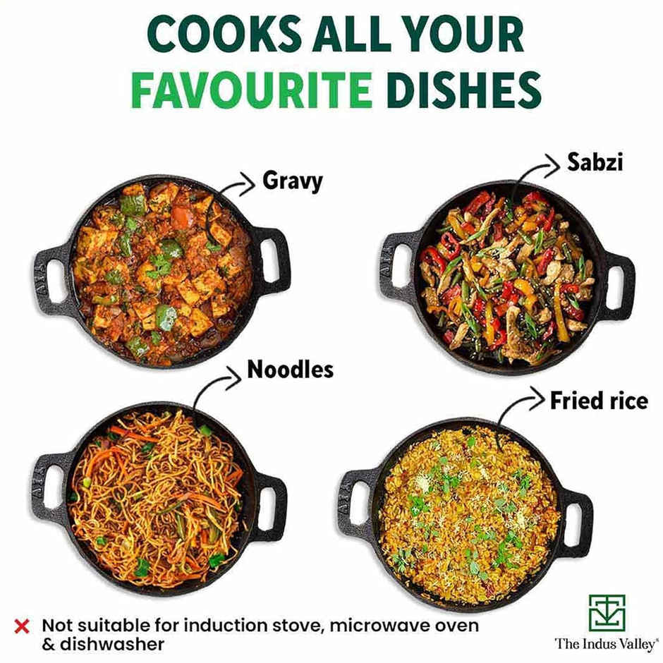 The Indus Valley Super Cast Iron Kadai with Free Iron Tadka Pan |25.4cm/ 10Inch, 2.5Ltr, 2.4kg