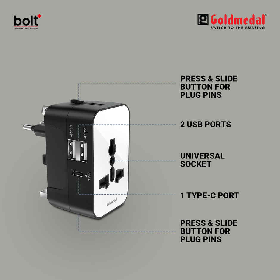 Goldmedal Bolt Plus Universal Travel Adaptor | 2 Type-A & 1 Type-C USB Ports | Black & White