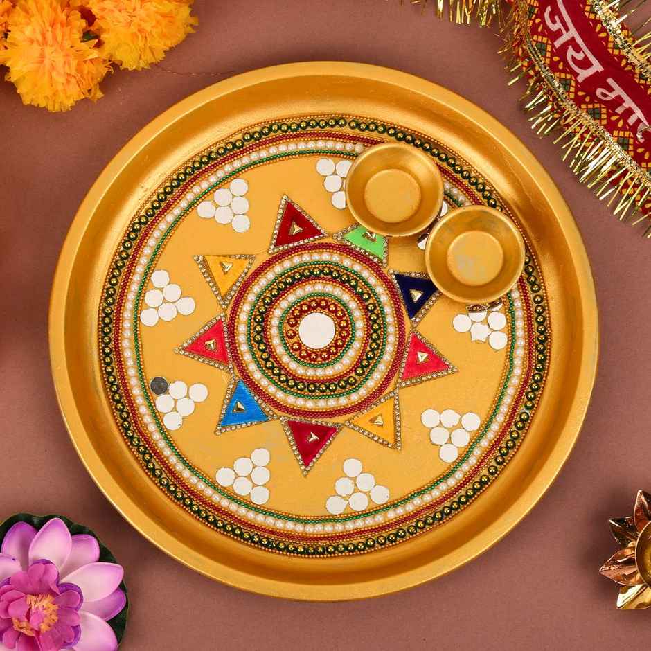 Pichai Decorative Golden Pooja Thali - 11 Inches