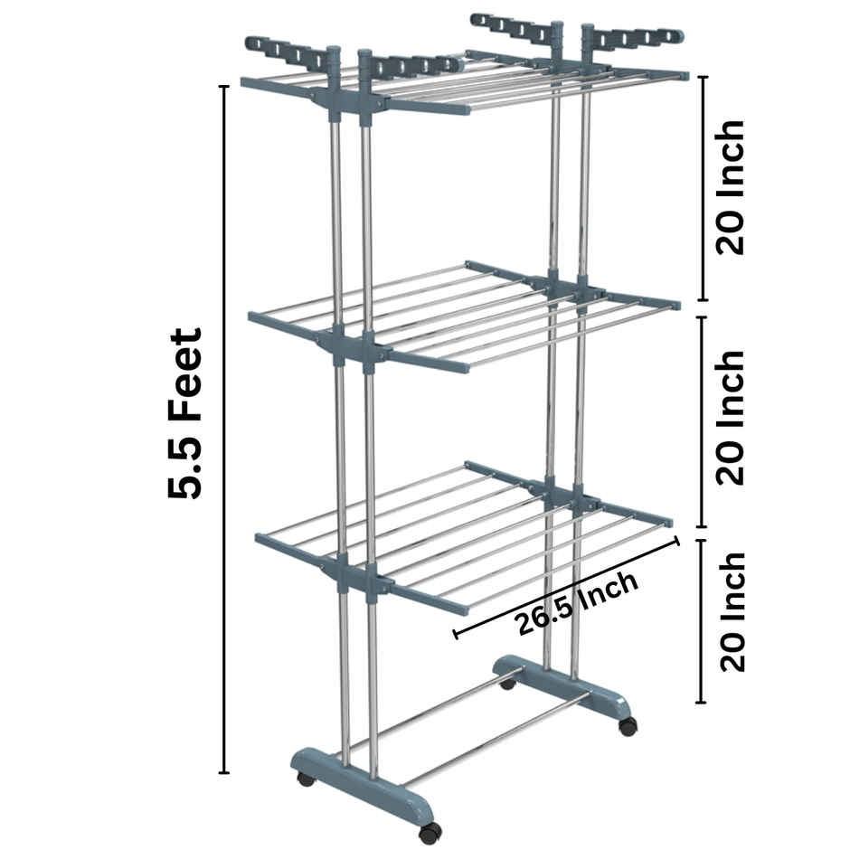Limetro Steel Stainless Steel Double Pole Cloth Drying Stand with Hanger | 3 Layer