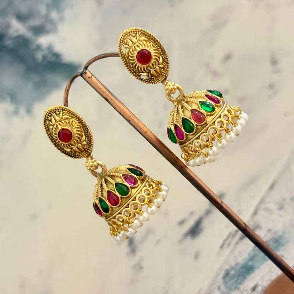 The Opal Factory Earrings Stone Studded Oval Golden Motif Jhumki Earrings with Pearl Hangings |Gold