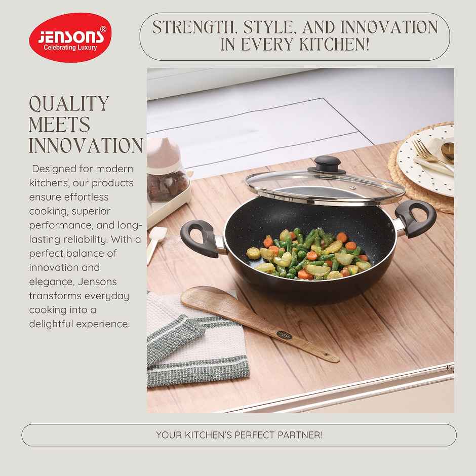 Jensons Cuisine Non-Stick Kadhai | 24 cm | Glass Lid | Induction Compatible