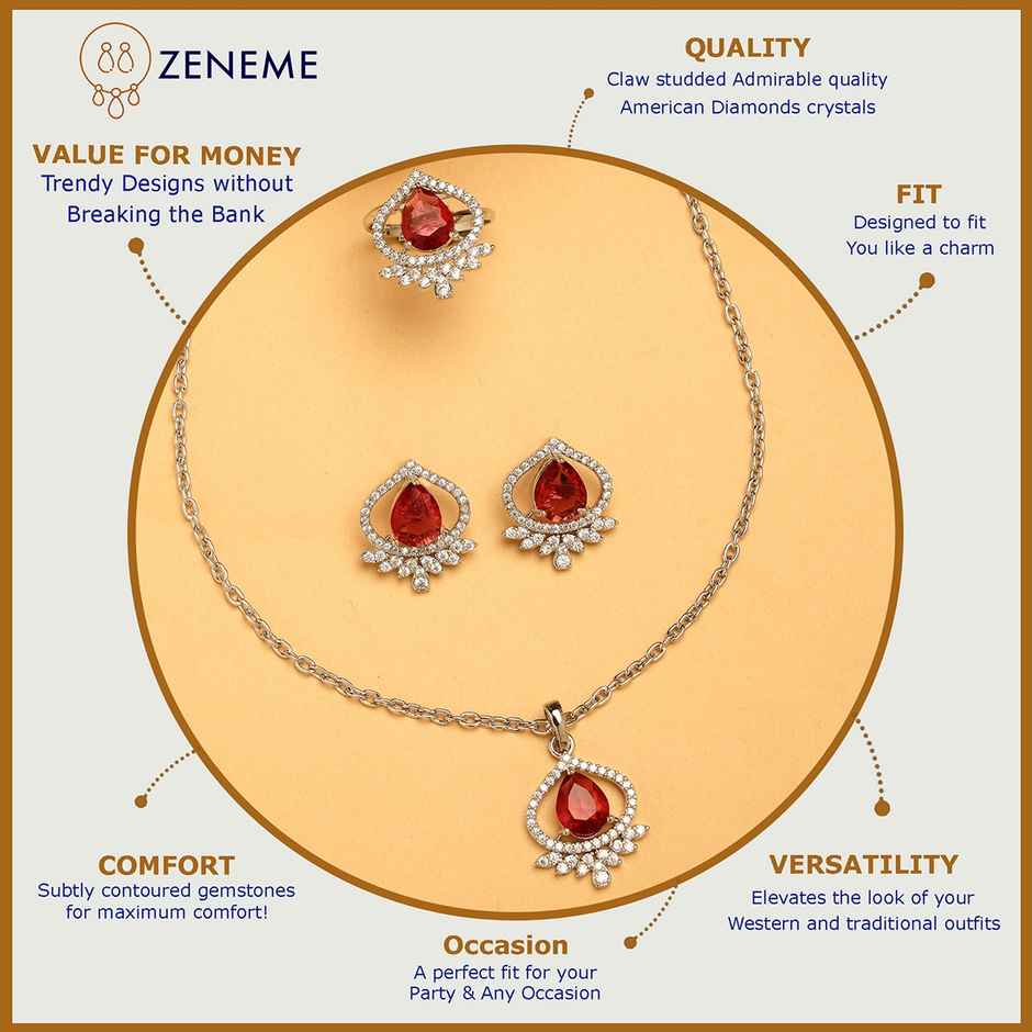 Zeneme Silver-Plated AD Studded Trilliant Crystal Red Necklace Earrings Ring For Women & Girls