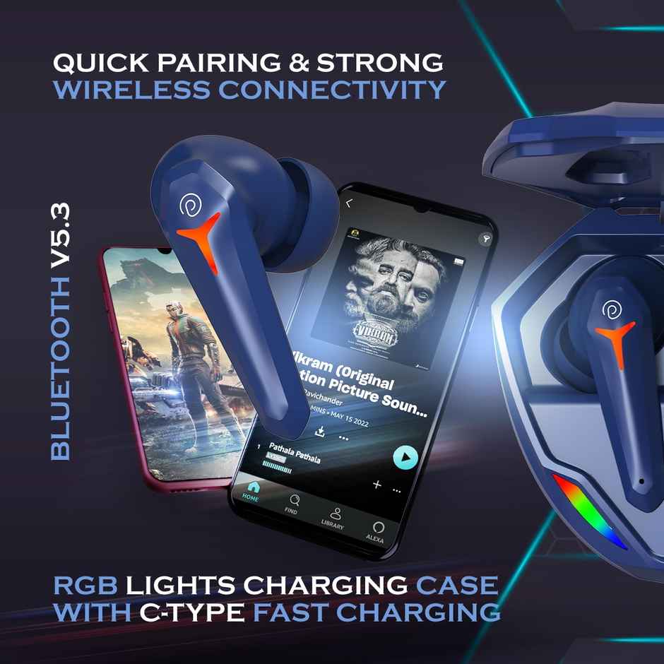 pTron Bassbuds Razer TWS Earbuds | 40ms Gaming | 45H Playtime | AI-ENC Calls & Deep Bass - Blue