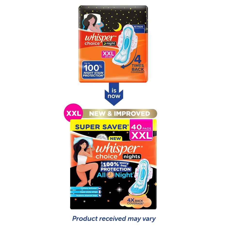 Whisper Choice Nights, 40 XXL Pads, with 4x Back Coverage