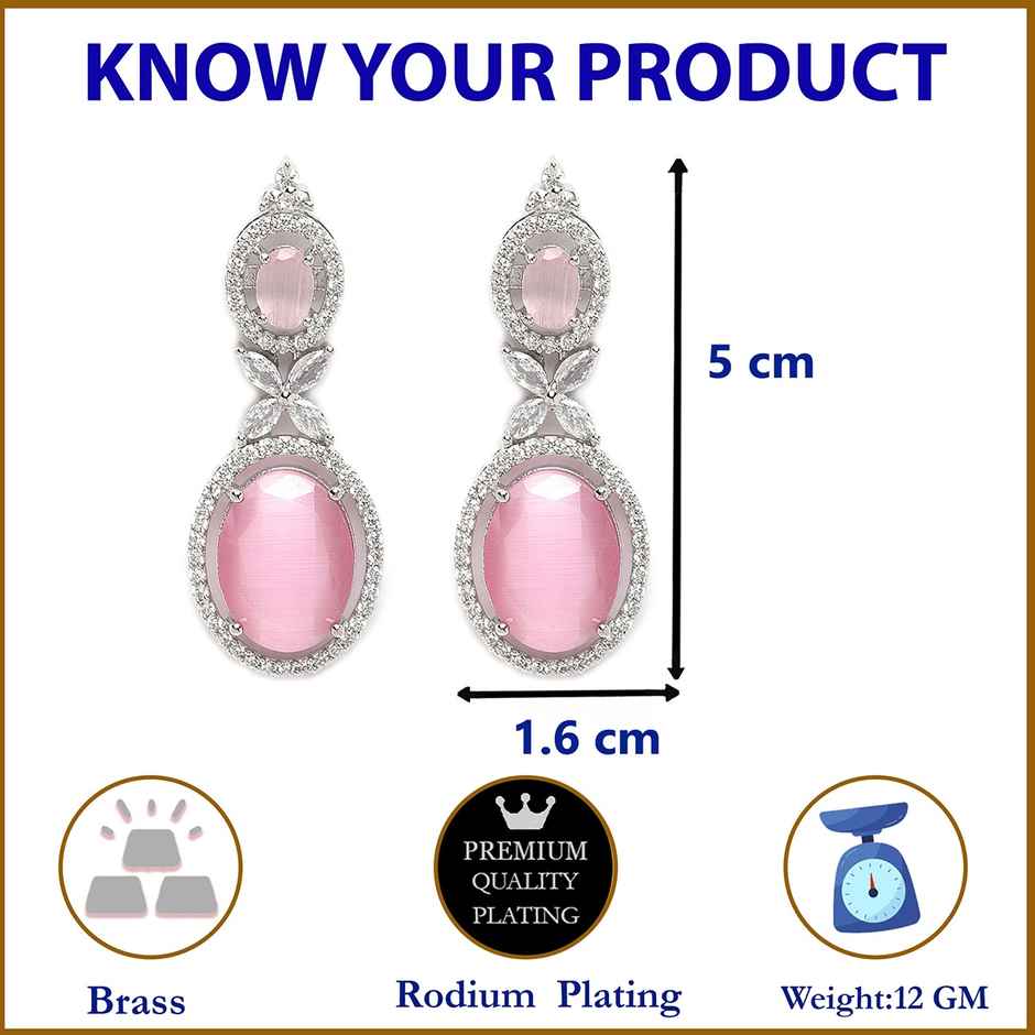 Zeneme Silver-Plated Pink American Diamond studded Oval Shaped Drop Earrings For Women & Girls