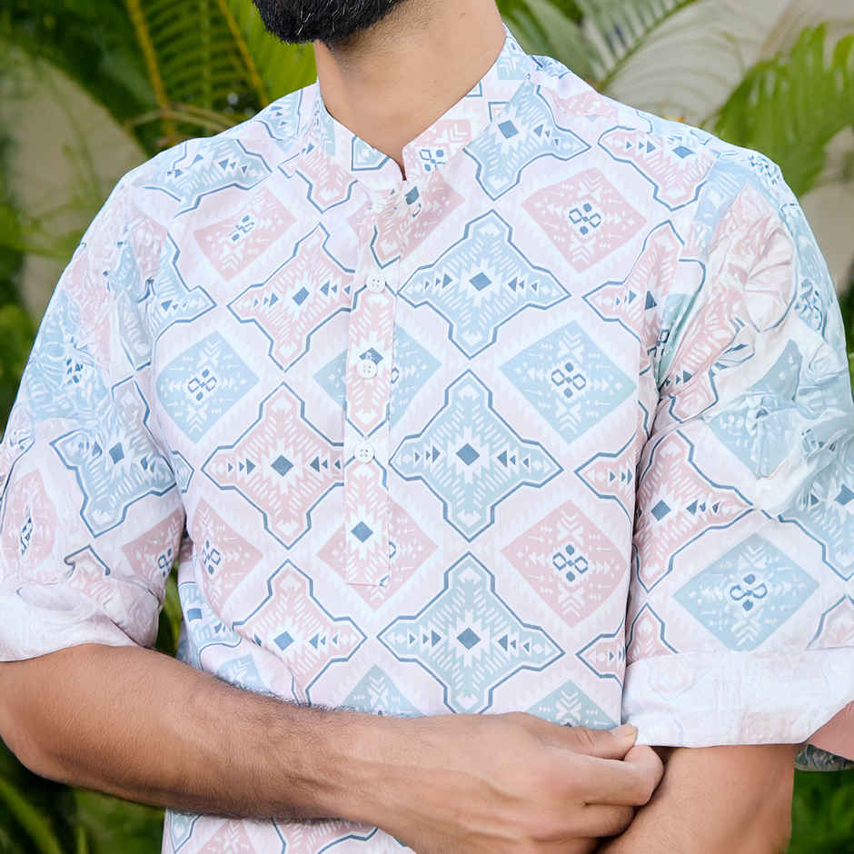 See Designs Men's Geometric Printed Rayon Short Kurta | Peach-Green - L