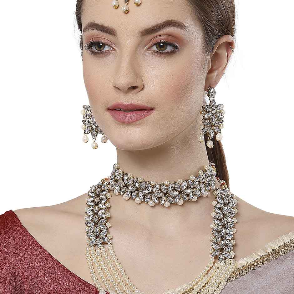 Zeneme Bridal Long Necklace Set Neck Choker with Earrings and Maang Tikka For Women & Girls