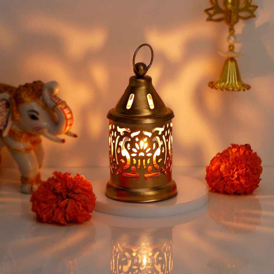Temple Shaped Tea Light Holder with Candle | Iron | Gold | IGP