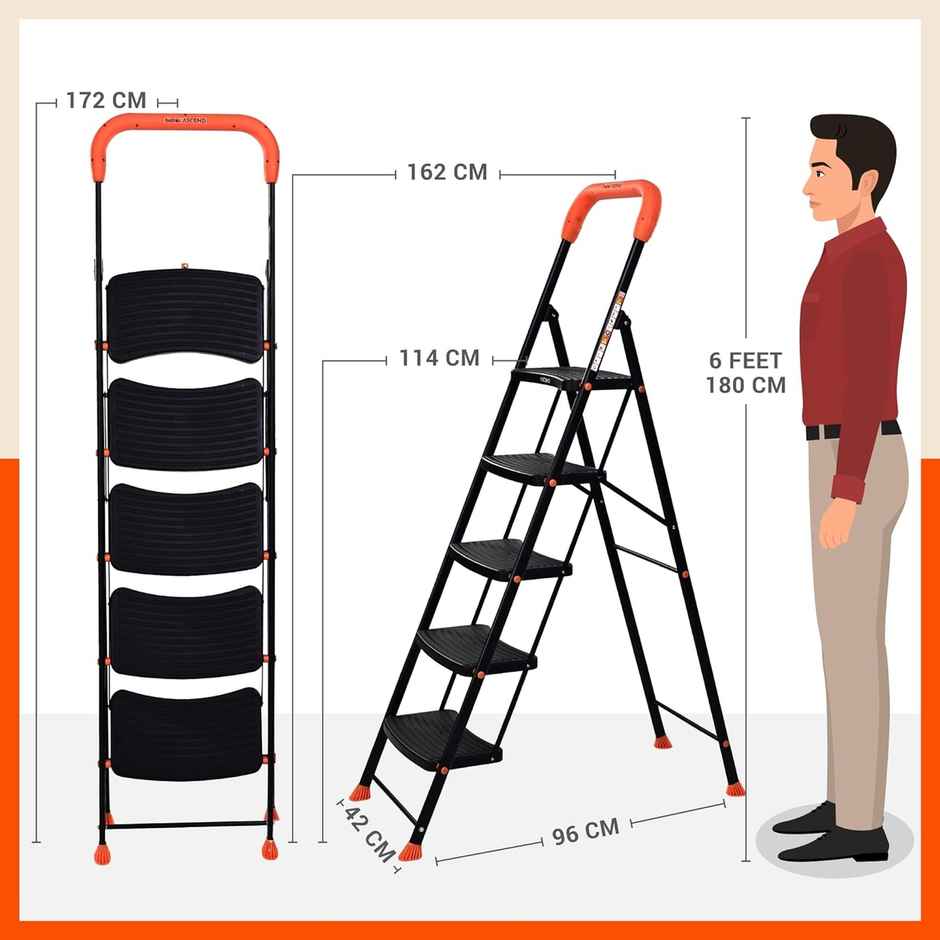 Bathla 5-Step Steel Ladder | Safety Hand Grip, Wide Anti-Slip Steps | Ascend | Orange & Black
