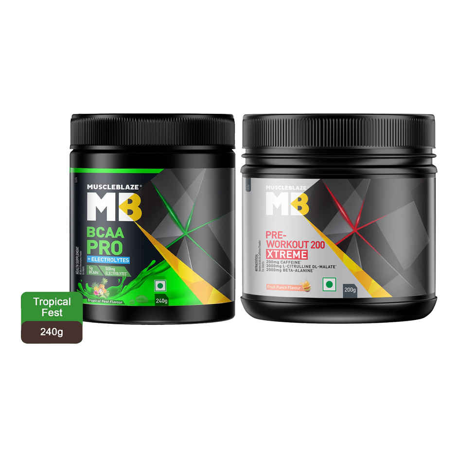 Muscleblaze Bcaa Pro, Powerful Intra Workout With 5 G Vegan Bcaas (Tropical Fest, 30 Servings) (240g) & Muscleblaze Pre Workout 200 Xtreme (Fruit Punch, 30 Servings) (200g) Combo