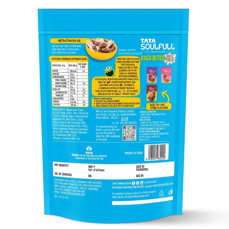 Tata Soulfull Ragi Bites Vanilla Fills, No Maida, More Cream Filling, Kids Cereal