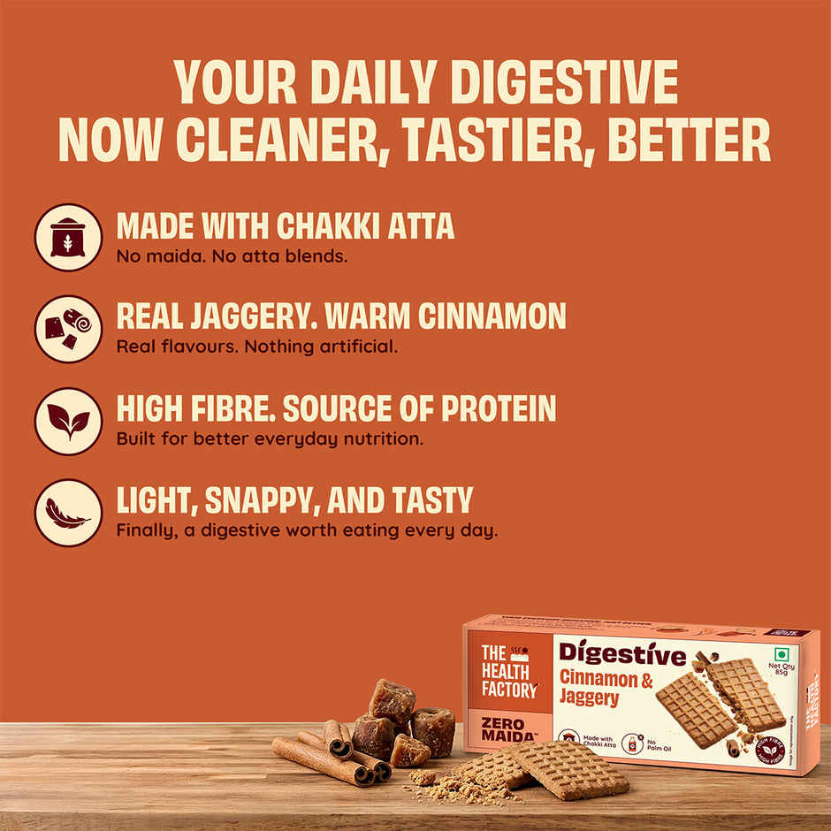 The Health Factory Super Fibre Digestive Cookie Biscuits - Cinnamon & Jaggery | Zero Maida