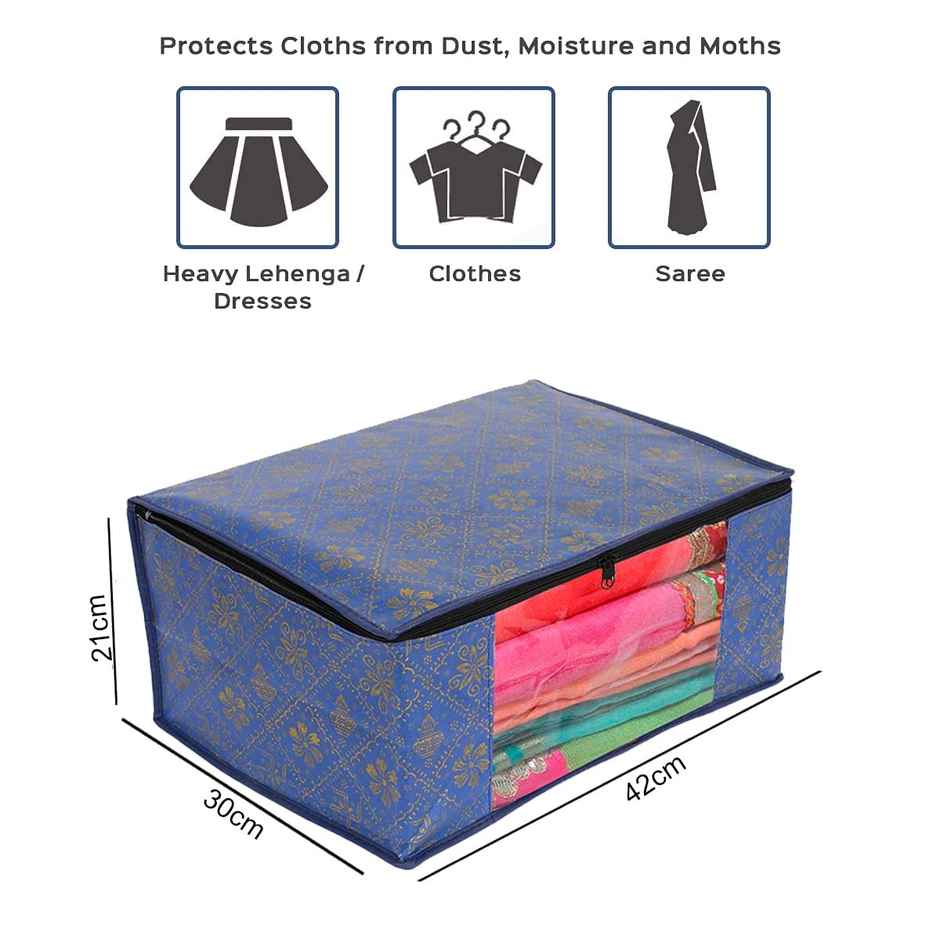 Saree Organizer - Foldable Cover with Zip | Transparent Window | Blue