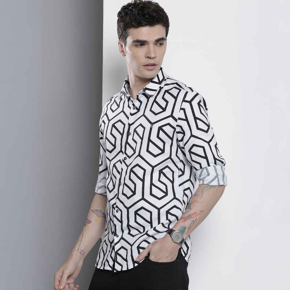 The Indian Garage Co Men's Slim Fit Geometric Print Party Shirt | White - 2XL
