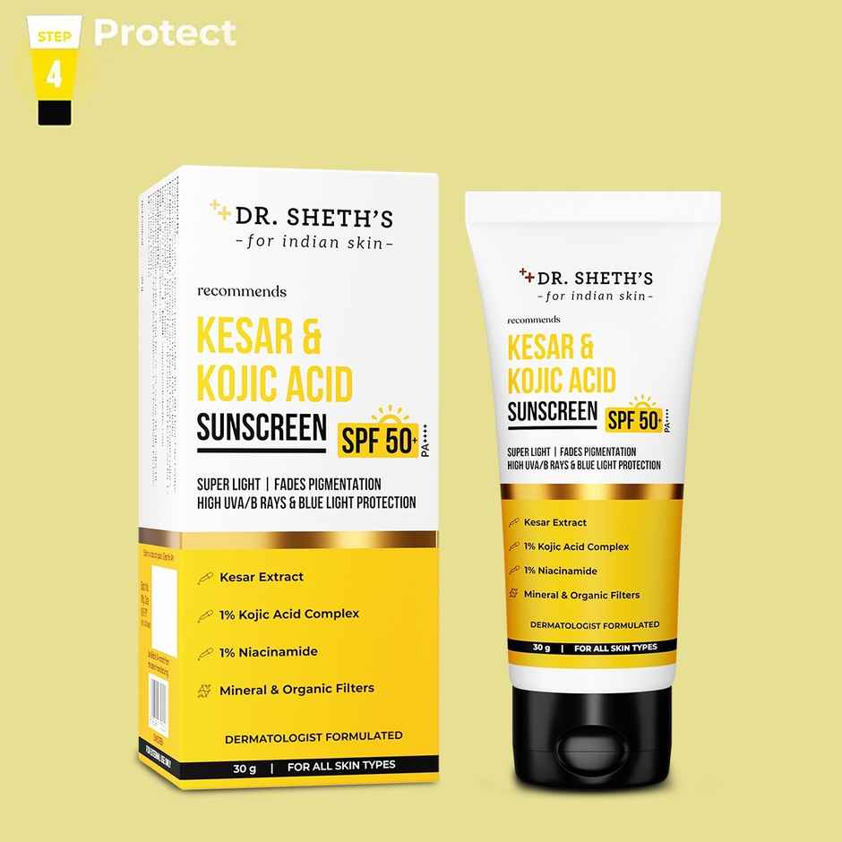 Dr. Sheth's Kesar & Kojic Acid Sunscreen SPF 50+ PA++++ | Pigmentation-Free Skin 30 g X 2 Combo