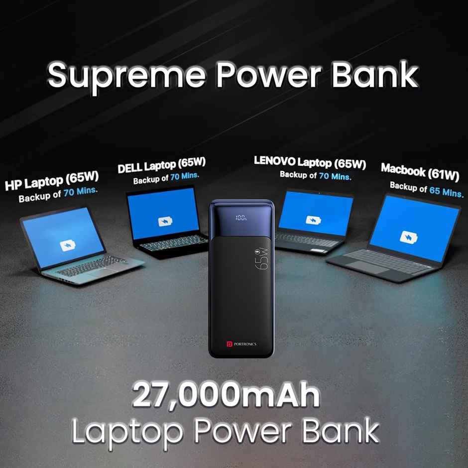 Portronics Ampbox 27K 65W 27000 mAh 4-in-1 Fast charging Power Bank with 2 Type C PD Output (Black)