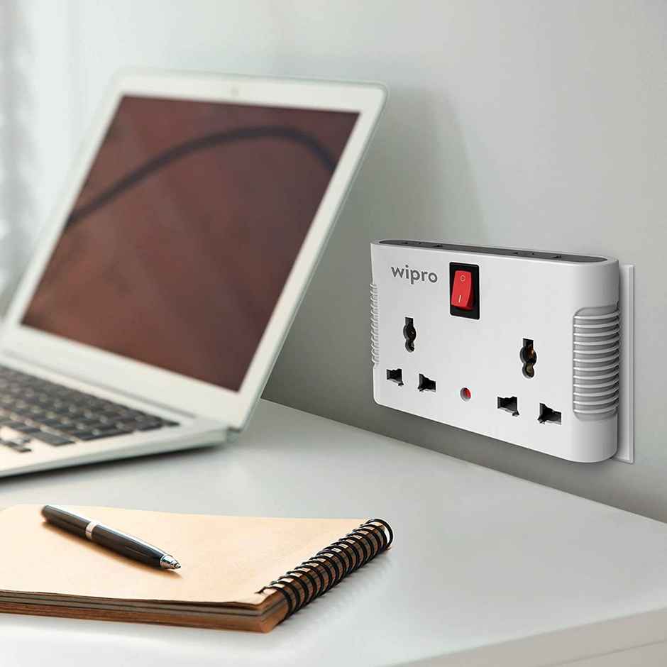 Wipro 4 Way Multiplug Adaptor with 2 Universal Sockets |Inbuilt Surge Protection & Power supply Indicator | Compact & Light weight | 6Amp Multiplug socket for Home, Office - White