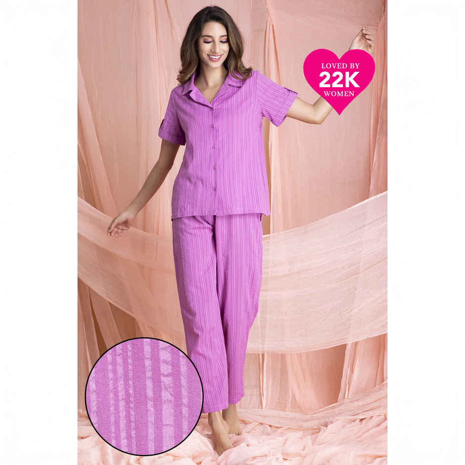 Clovia Sassy Stripes Button Down Shirt & Pyjama - Cotton(Purple - S)