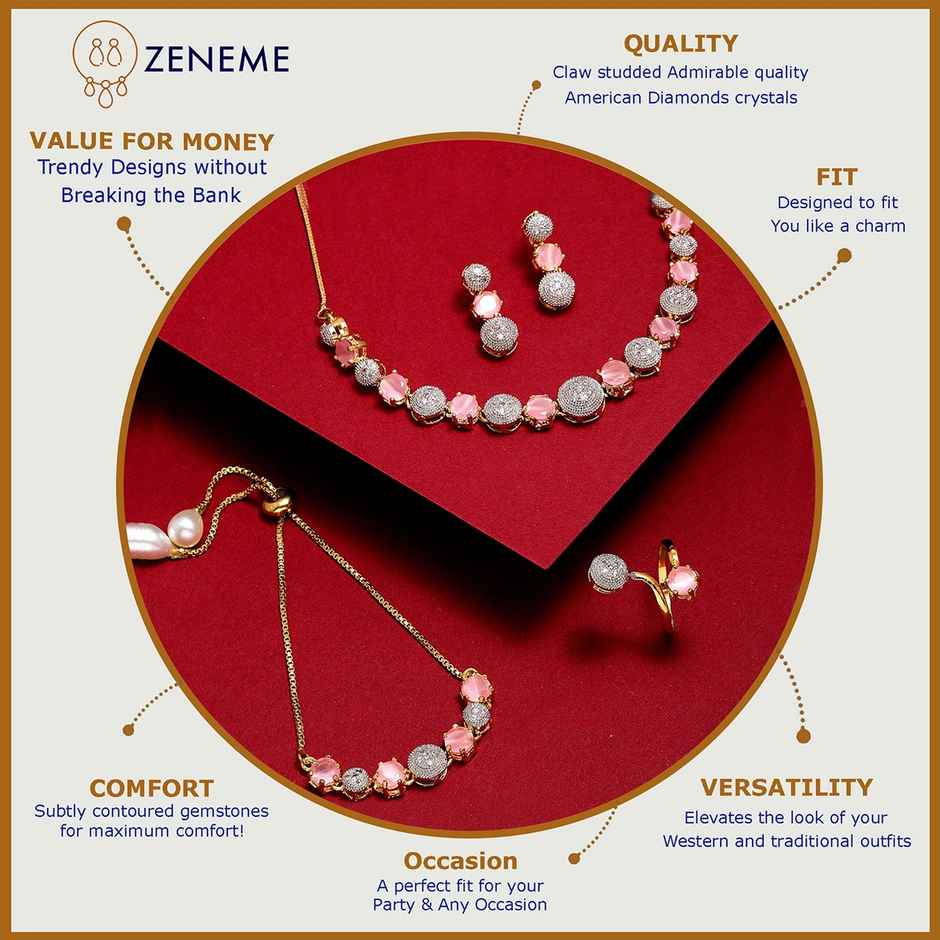 Zeneme Gold-Plated Pink & White American Diamond Studded Jewellery Set For Women & Girls