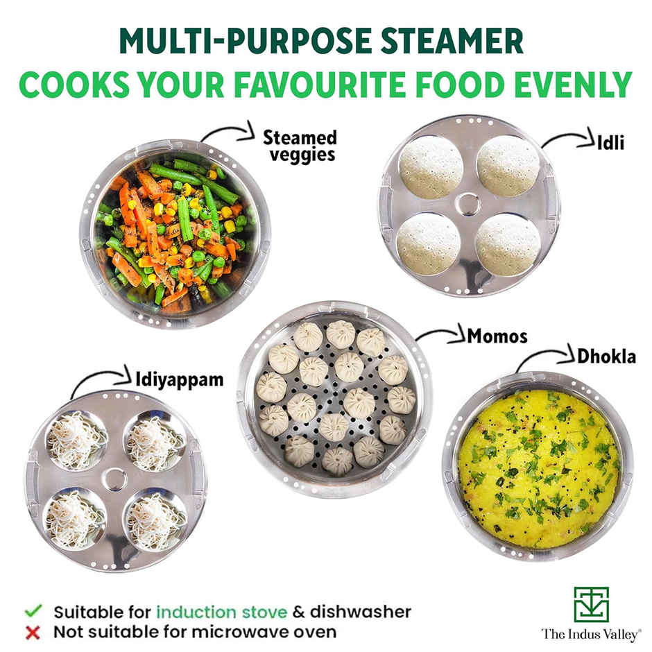 The Indus Valley Stainless Steel Idli/Multi Pot/Steaming Set | Small, 5 Plates, 23cm/9 inch