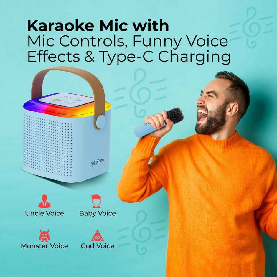 pTron Fusion Tunes 10W Bluetooth Speaker | Wireless Karaoke Mic | RGB Lights | 8Hrs Playtime - Blue