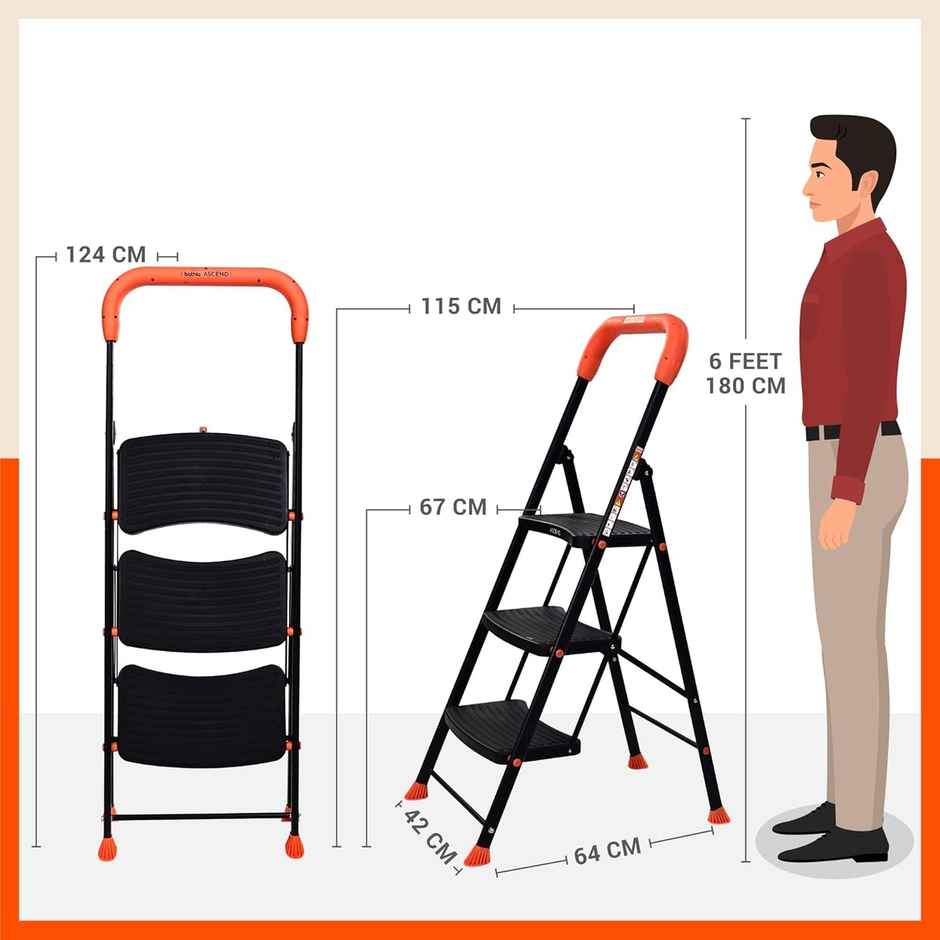 Bathla 3-Step Steel Ladder | Safety Hand Grip, Wide Anti-Slip Steps | Ascend | Orange & Black