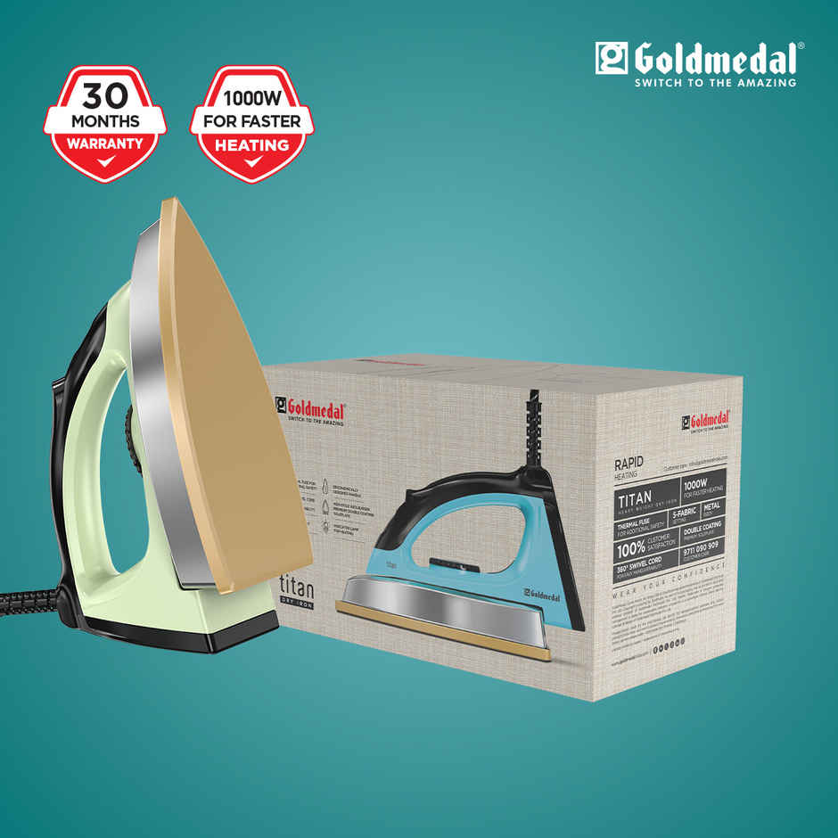 Goldmedal Titan 1000W Dry Iron with 5 Fabric Setting, 1.5KG Heavy Weight | Mint Green