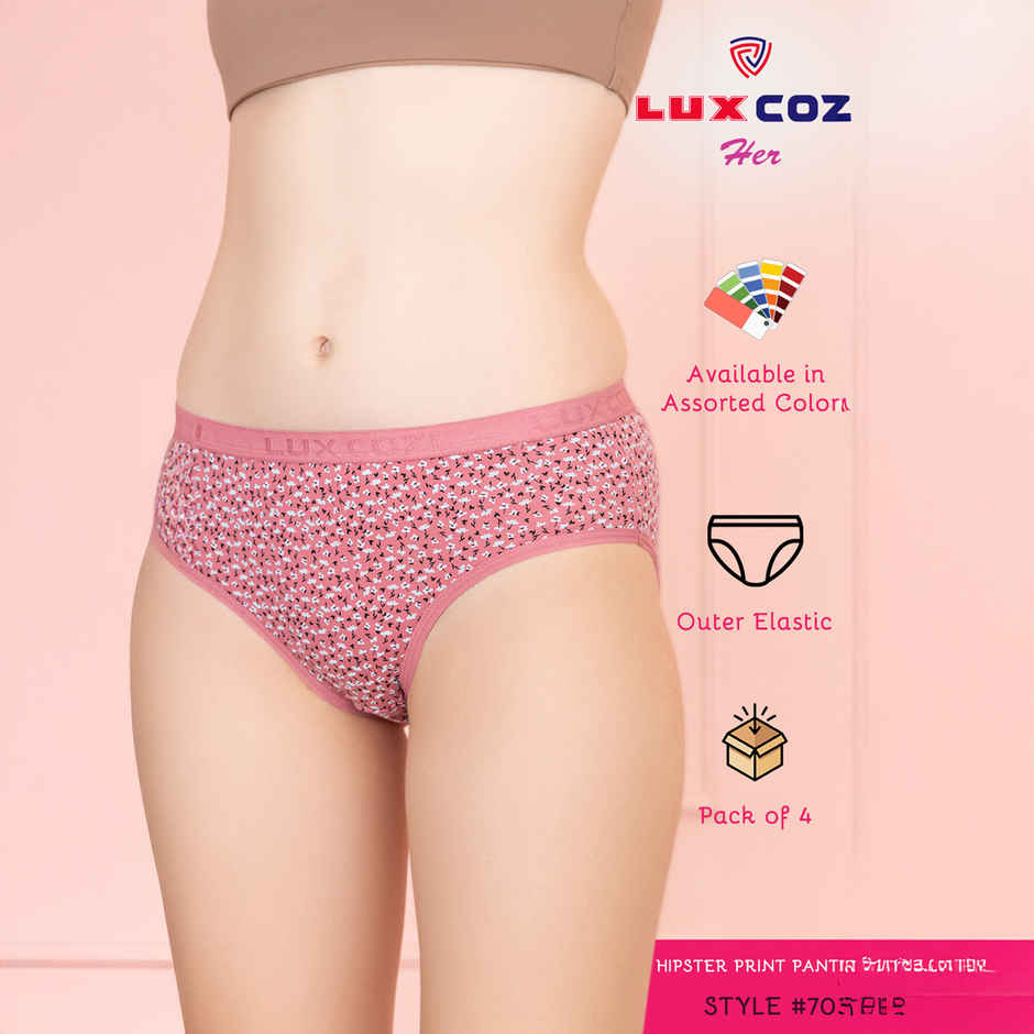 Lux Cozi Her Pure Cotton Hipster Printed Panty | Multicolor | Size-100 | Pack Of 4