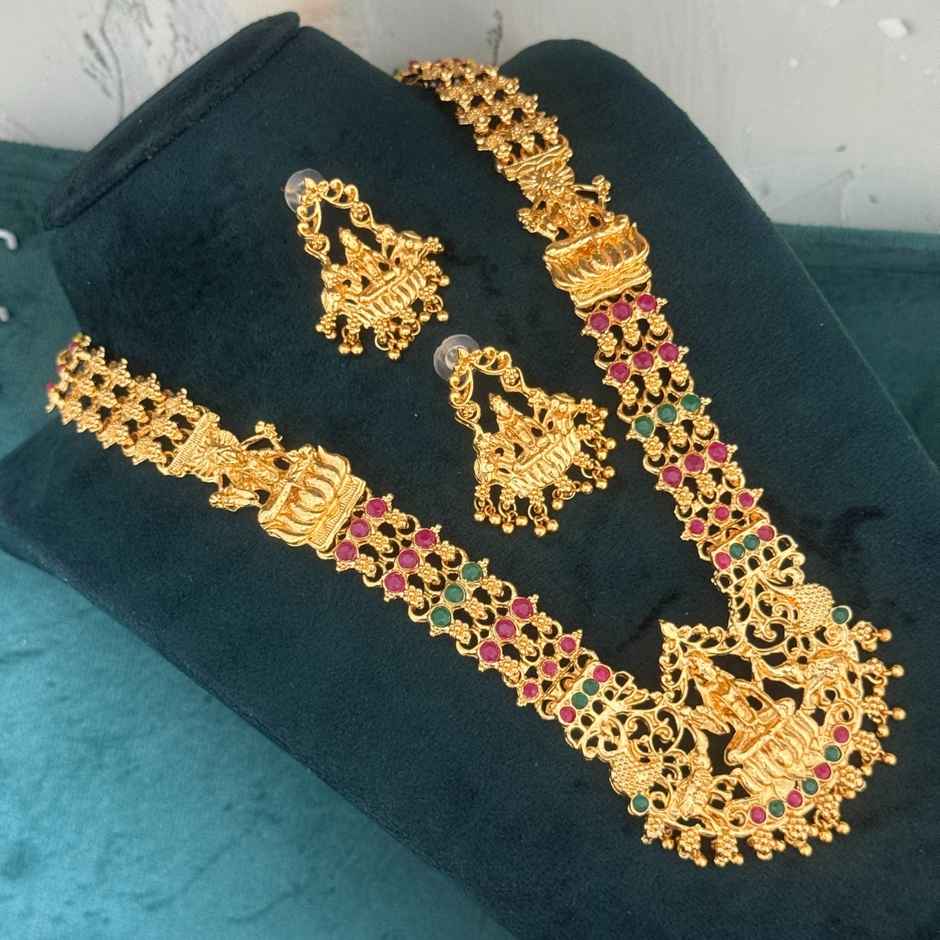 The Opal Factory Premium Temple Jewelry Long Haram Necklace Set | Laxmi | Gold Multi - Necklace