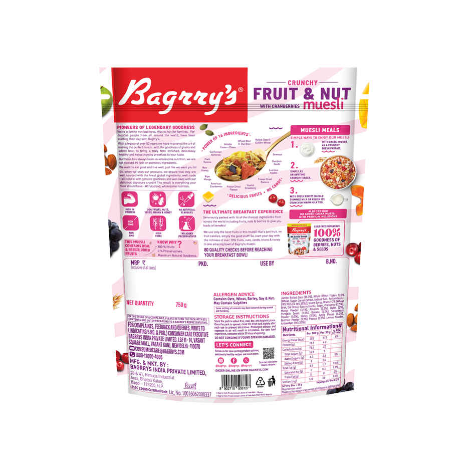 Bagrry's Crunchy Muesli 30% Fruit & Nut with Cranberries | 34% Rich Fibre Oats
