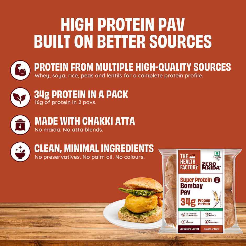 The Health Factory Super Protein Bombay Pav | Zero Maida | 34g High Protein | Whole Wheat Pav