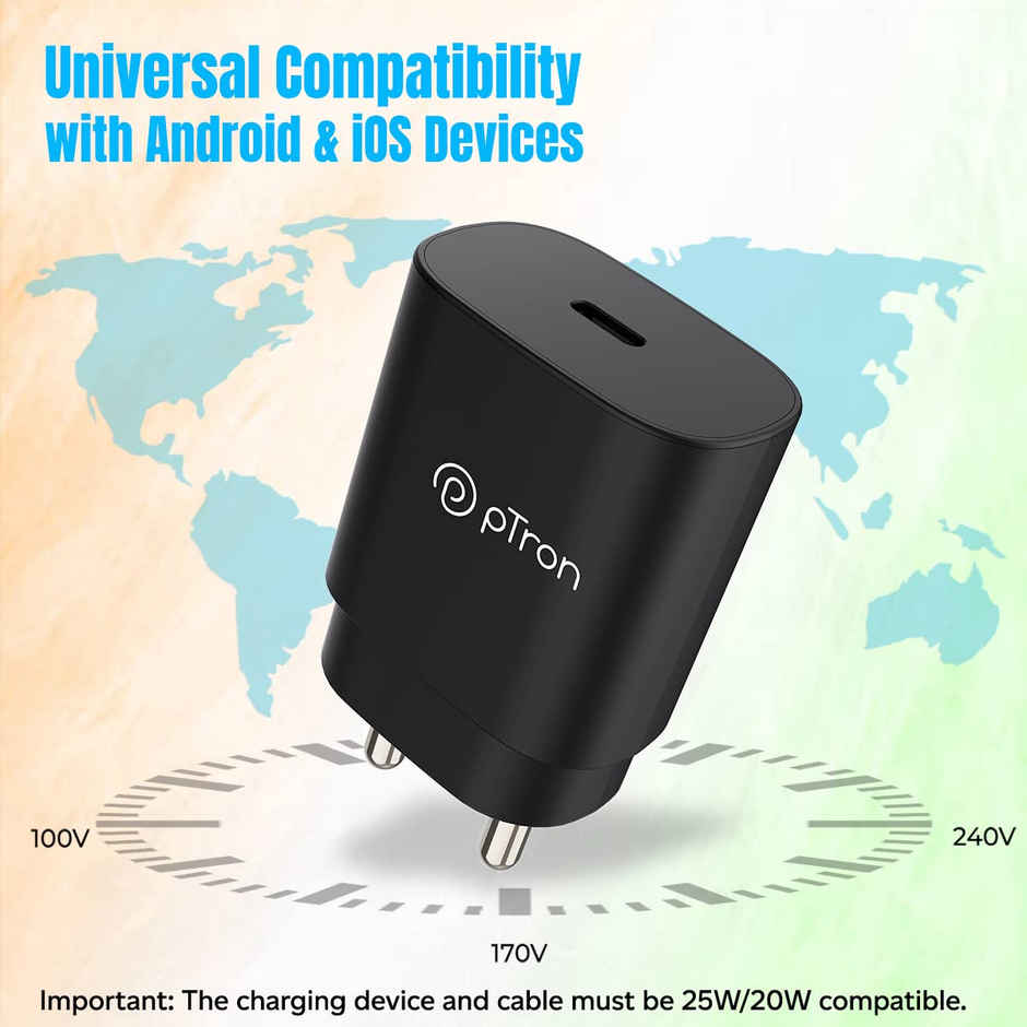 pTron Volta FC17 25W Type-C to Type-C PD Superfast Charger Compatible For Samsung Phones - Black