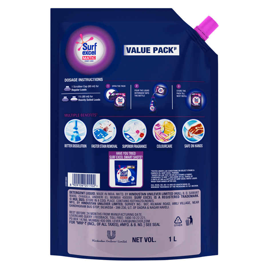 Surf Excel Matic Liquid Detergent | Faster Stain Removal | For Front Load Washing Machines