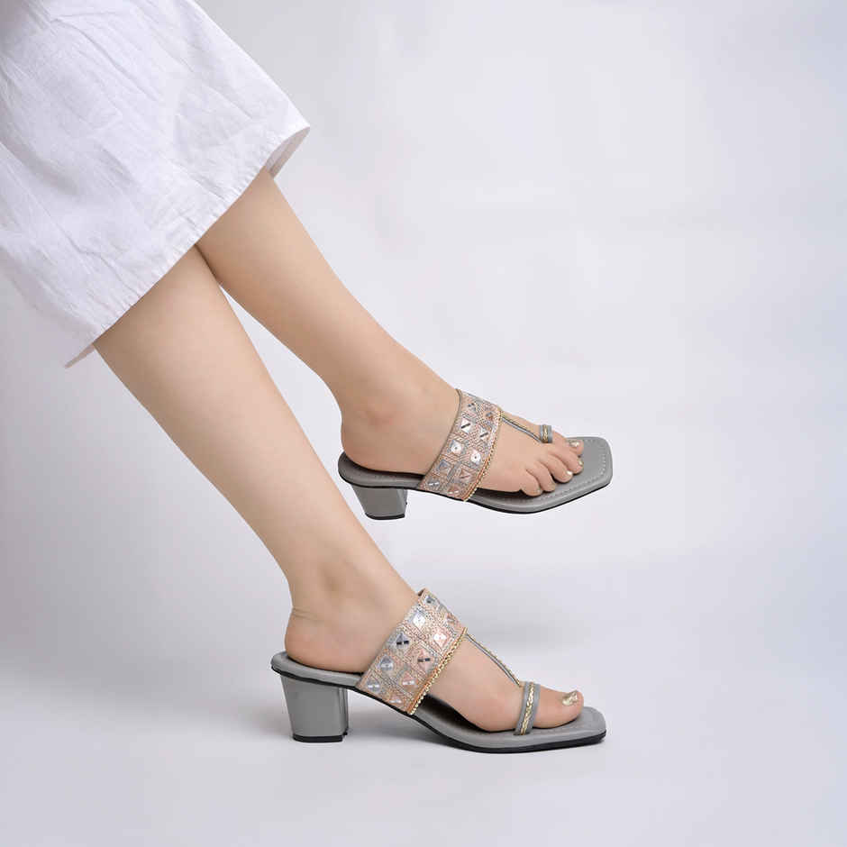 Shoetopia Classic Grey Kolhapuri Heels For Women | UK 8