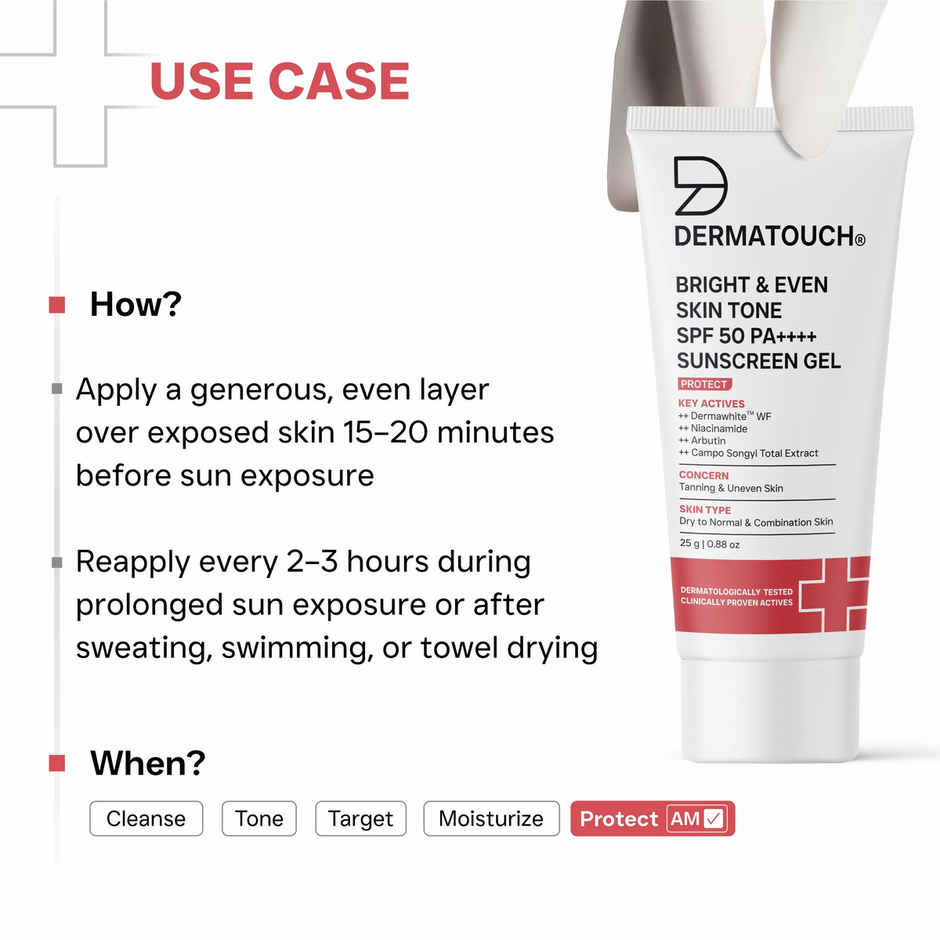 DERMATOUCH Bright & Even Skin Tone SPF 50 PA++++ Sunscreen Gel | for Tanning & Uneven Skin